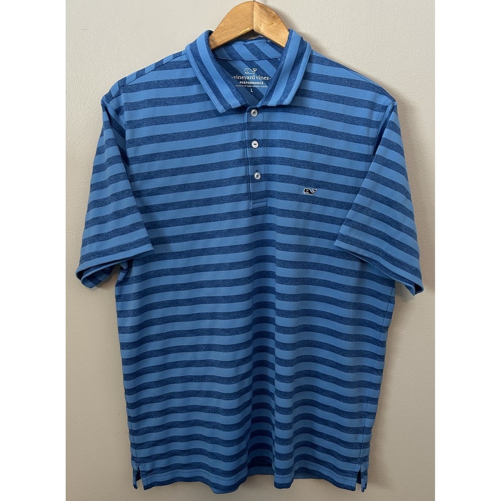 Vineyard Vines Polo Shirt Mens Large‎ Blue Stripe Performance Short Sleeve Golf